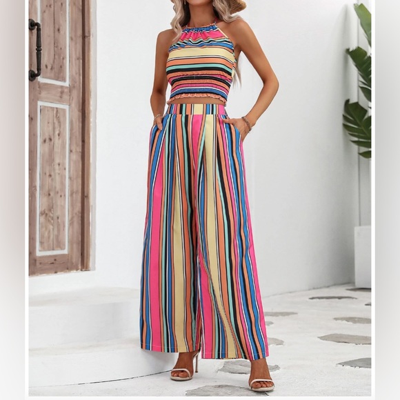 Boho Striped Print Halter Top & Wide Leg Pants. - Picture 2 of 7